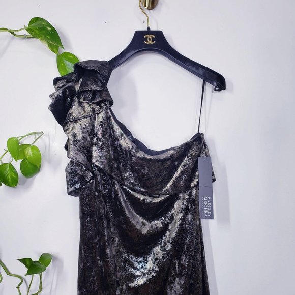 $650 New BADGLEY MISCHKA Gold Bronze Bodycon Midi Dress 8 MEDIUM  One Shoulder - Picture 7 of 13